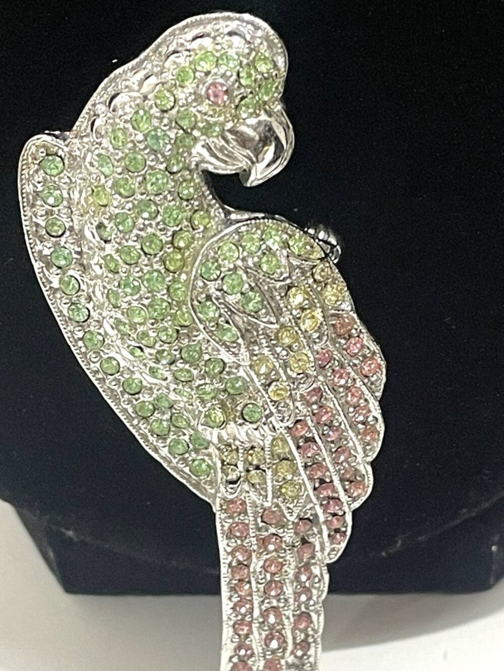 1928 Collection, Pink and Green Vaseline Uranium Glass Parrot Brooch. Vintage